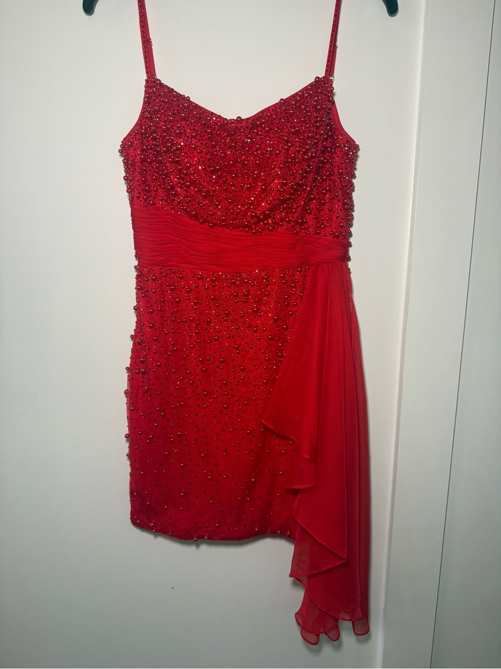 Ashley Lauren Red Pearl and Rhinestone Cocktail Dress